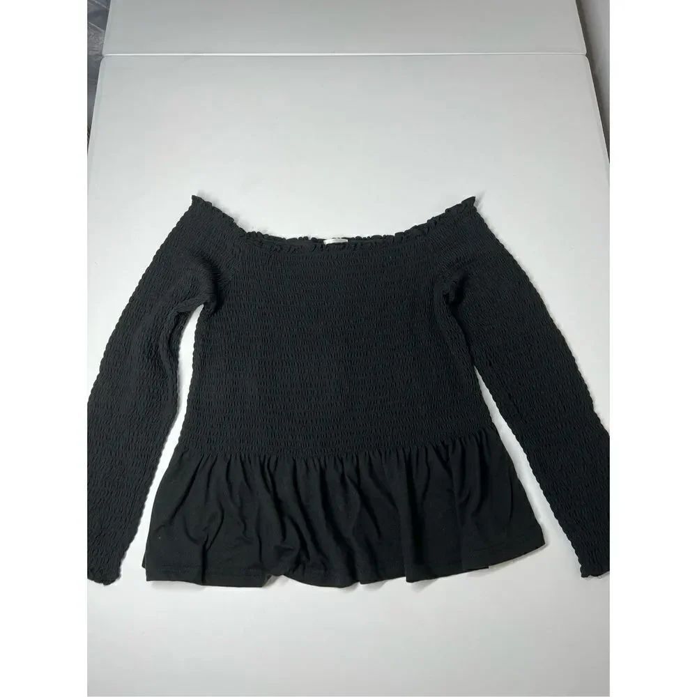 Stella Tweed Smocked Stretch Peplum Top Black Long Sleeve Size XL